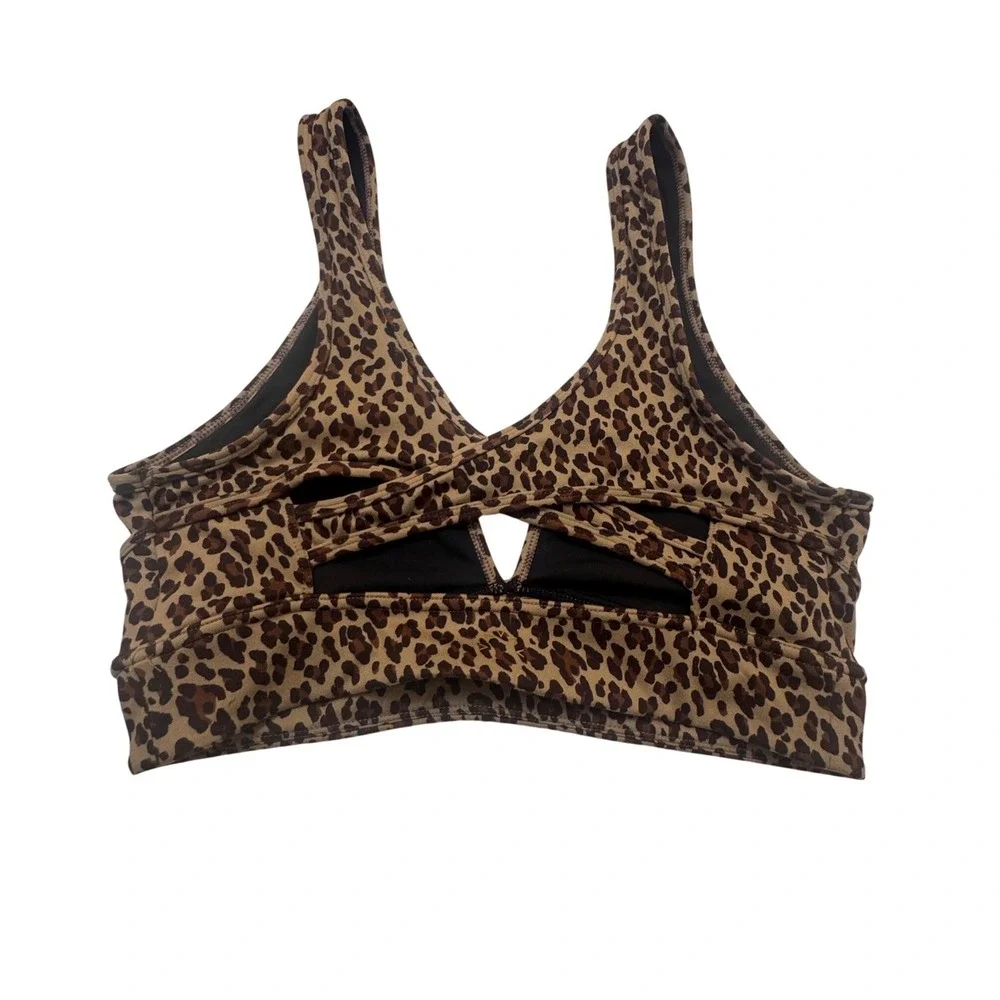 Varley Watson Bra Coffee Cheetah Leopard Print Sports Bra Large Strappy Back